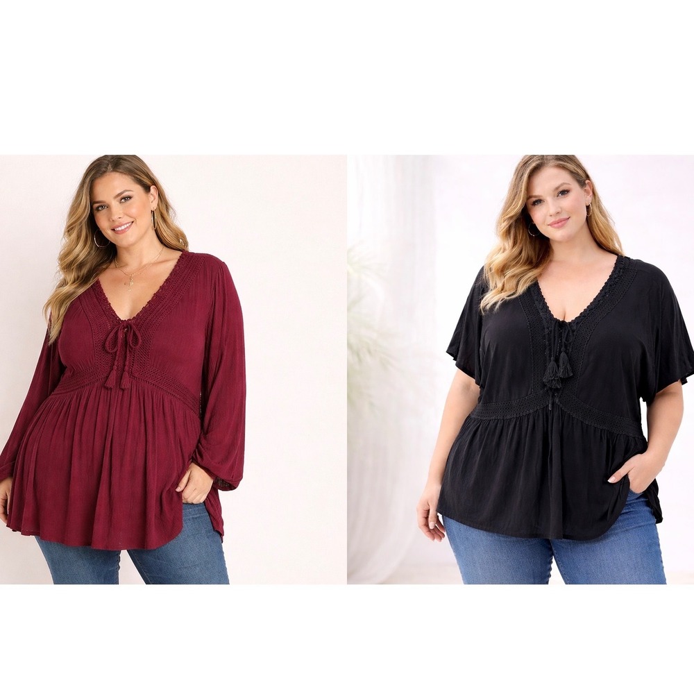 Torrid lot of 2 Crochet Trim Lace Up Tassel Boho Peasant Tunic Top Plus Size 4XL